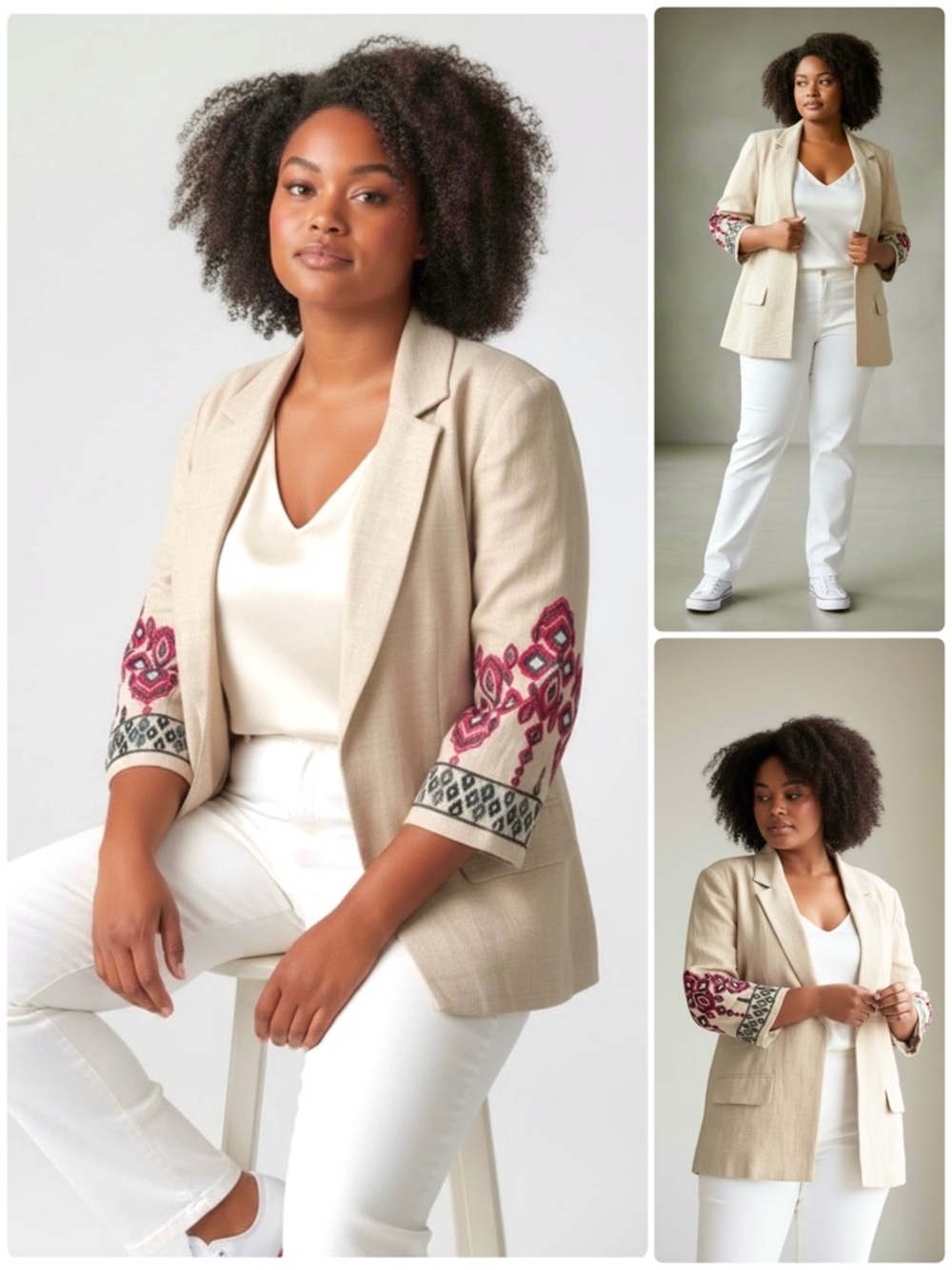 New York Clothing Co. Blazer 3/4 Embroidered Sleeves Open Front Notch Lapel